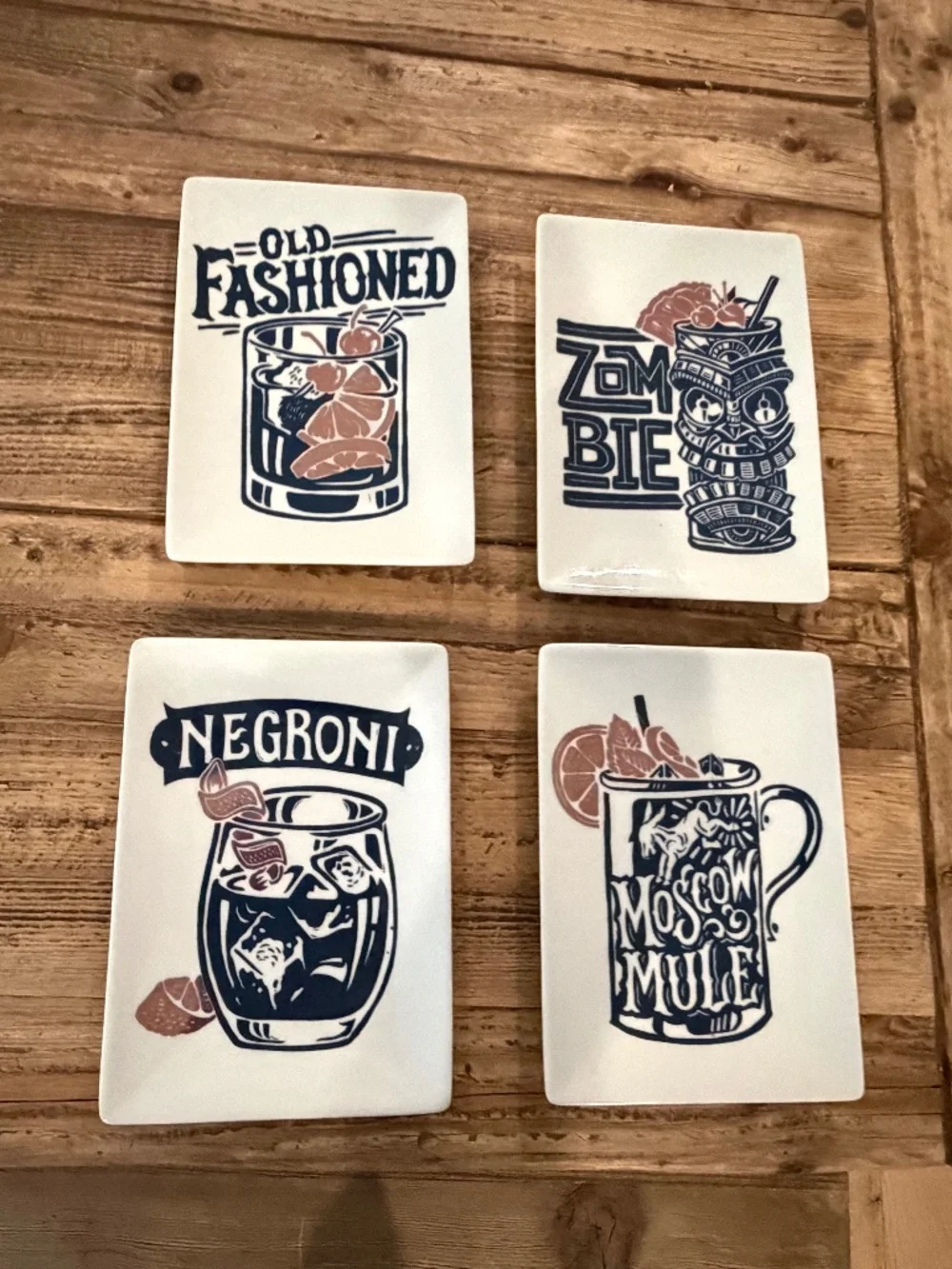 Crate & Barrel PLATES SET 4 MOSCOW MULE OLD FASHIONED ZOMBIE RECTANGLE 5 X 7